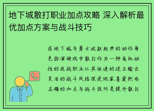 地下城散打职业加点攻略 深入解析最优加点方案与战斗技巧